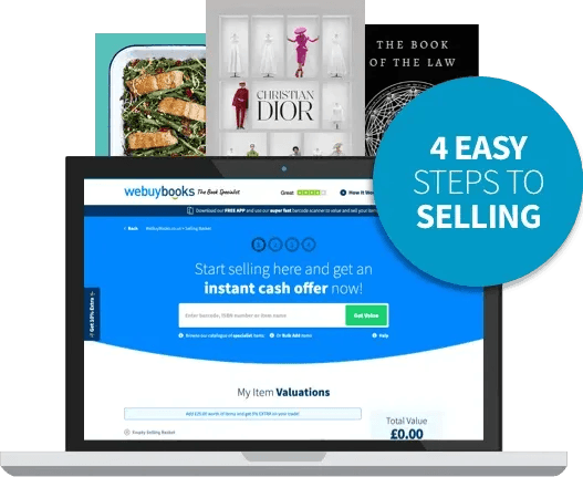 Laptop showing WeBuyBooks valuation page, with badge reading '4 easy steps to selling' beside book and DVD covers