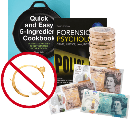 Cookbook and forensic psychology book, stack of coins, UK banknotes, and a crossed-out coffee stain