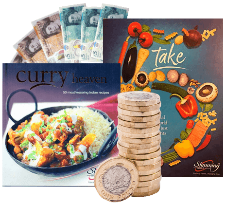 UK banknotes and pound coins with Curry Heaven and Slimming World Take 5 cookbooks