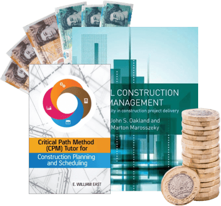 Construction books including CPM Tutor and Management text, with UK banknotes and coins for selling
