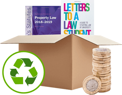 Box of law books with a recycling symbol and stacked pound coins, showing cash for selling books
