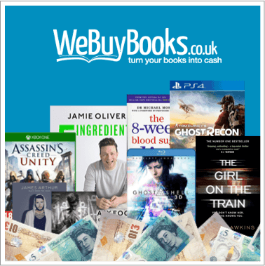 WeBuyBooks.co.uk logo above books, games and a CD fanned over cash, including The Girl on the Train and Assassin's Creed