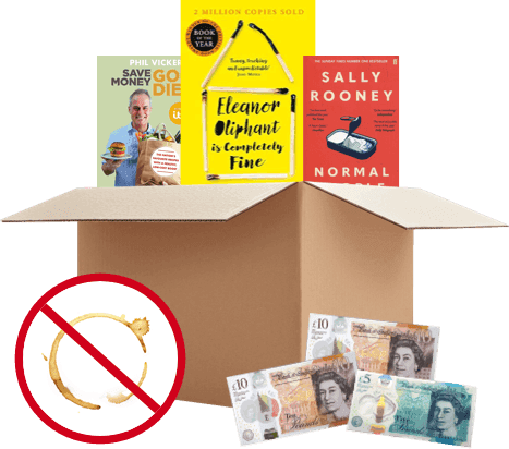 Box of books to sell with UK banknotes; no-stains icon shows items must be undamaged