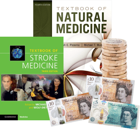 Textbook of Natural Medicine and Textbook of Stroke Medicine beside stacked coins and UK banknotes