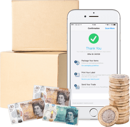 Phone showing order confirmation with steps to pack, label and send books, beside boxes, cash and coins