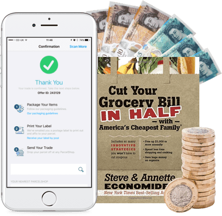 Phone showing a WeBuyBooks offer confirmation, with UK banknotes, coins and the book Cut Your Grocery Bill in Half