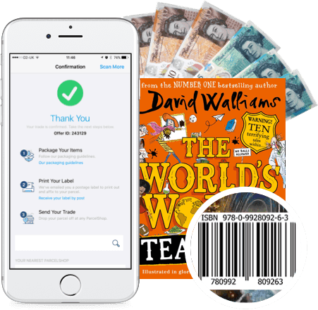 Phone showing trade confirmation, cash, a David Walliams book and its ISBN barcode for scanning