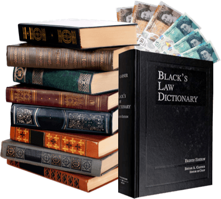 Stack of old law books beside Black's Law Dictionary and UK banknotes fanned out, showing cash for selling books