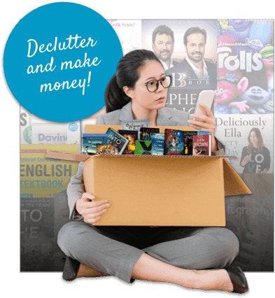 Woman sitting with a box of books, checking phone; badge reads Declutter and make money