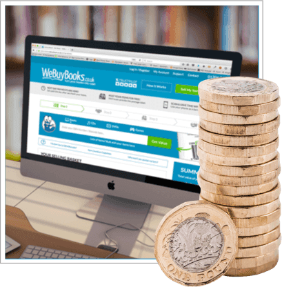 WeBuyBooks.co.uk website on a computer screen beside a stack of one pound coins