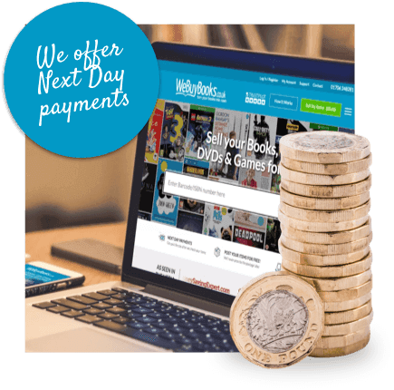 WeBuyBooks website on a laptop with stacked pound coins and a badge reading 'We offer Next Day payments