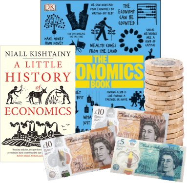 Two economics books, The Economics Book and A Little History of Economics, beside UK banknotes and stacked pound coins