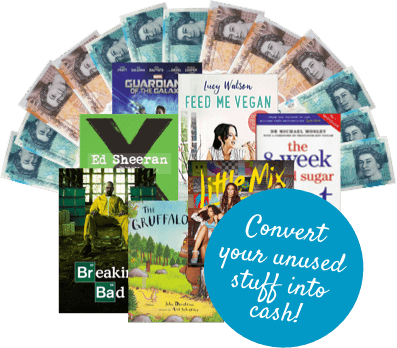 Books, CDs and DVDs fanned over banknotes: convert your unused stuff into cash with WeBuyBooks