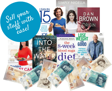Sell your stuff with ease badge beside book covers including Dan Brown Origin, and UK banknotes and coins