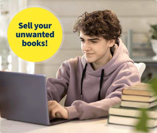 Young man using a laptop beside stacked books, with text: Sell your unwanted books!
