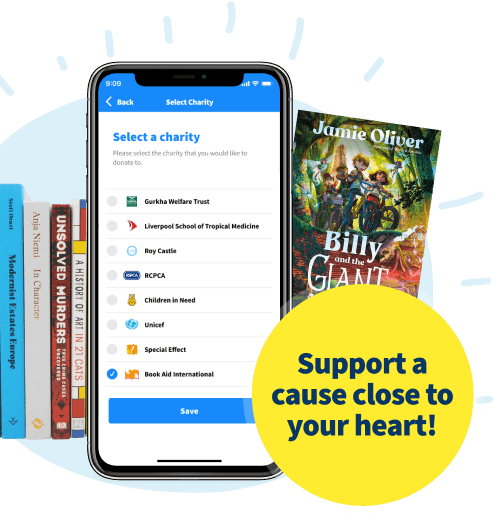 Phone app charity selection screen with Book Aid International chosen, beside books and Support a cause close to your heart