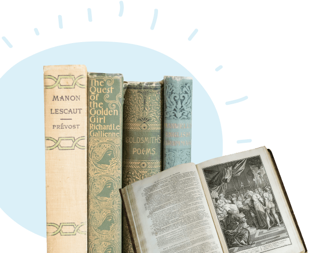 Antique hardbacks including Manon Lescaut and The Quest of the Golden Girl, beside an open illustrated antiquarian book
