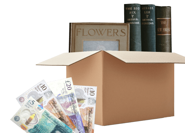 Box of books including Flowers and Arthur Ransome titles, with UK banknotes beside it