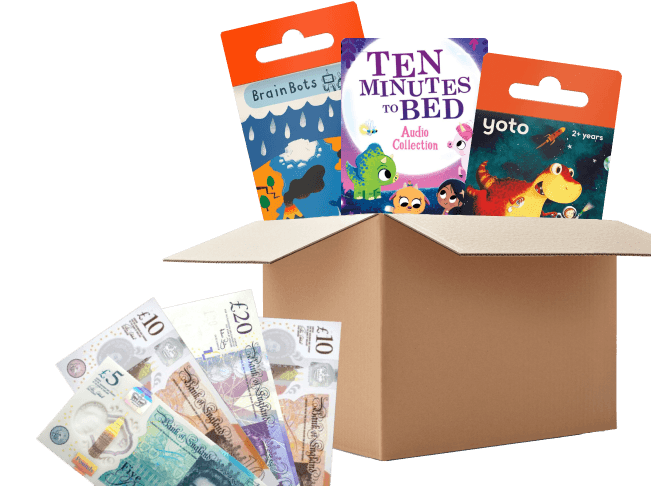 Cardboard box with Yoto cards - BrainBots, Ten Minutes to Bed - and UK banknotes, showing cash for selling them