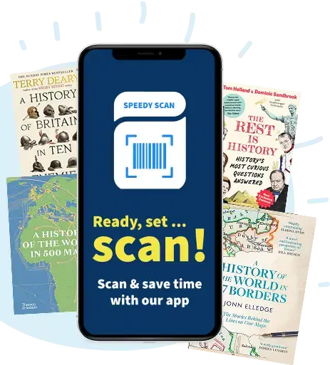 Phone with WeBuyBooks Speedy Scan app, 'Ready, set... scan!', beside history book covers to scan and sell fast