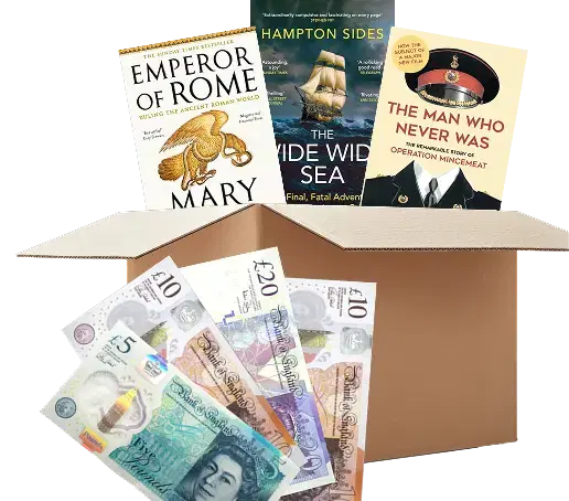Cardboard box with UK banknotes and history books: Emperor of Rome, The Wide Wide Sea, The Man Who Never Was