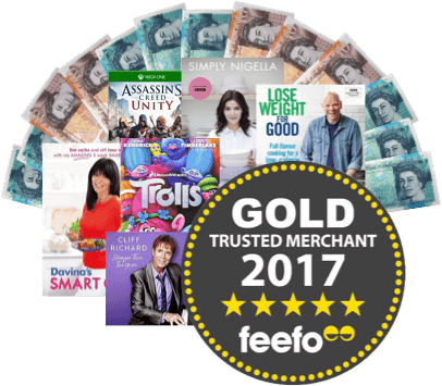 Feefo Gold Trusted Merchant 2017 badge, five stars, with UK banknotes and books/DVDs fanned behind it
