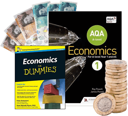 Economics for Dummies and AQA A-level Economics 1 textbooks with UK banknotes and pound coins