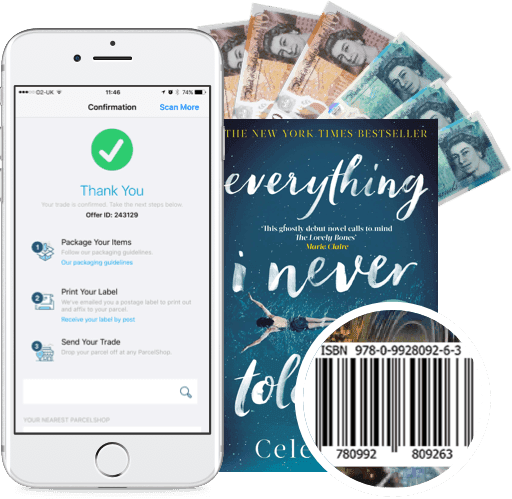Phone showing trade confirmation and steps, cash, and a book with ISBN barcode for scanning