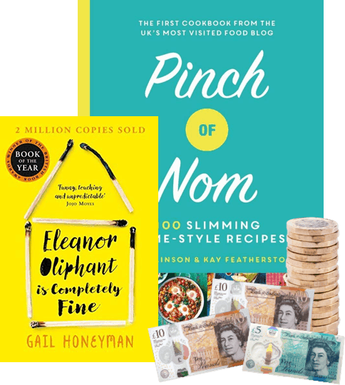Two well-kept books, Eleanor Oliphant is Completely Fine and Pinch of Nom, beside UK banknotes and coins