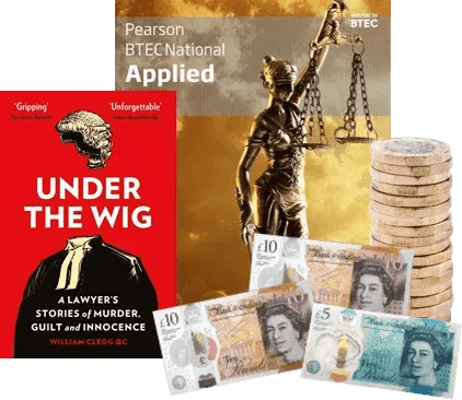 Law books 'Under the Wig' and BTEC National Applied, with Lady Justice statue and UK banknotes and coins