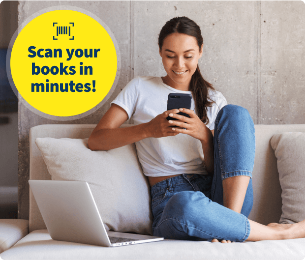 Woman on a sofa scanning a book barcode with her phone, laptop nearby; badge reads 'Scan your books in minutes!