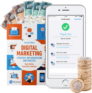 Digital Marketing textbook, cash and coins beside a phone showing a Thank You trade confirmation on the WeBuyBooks app