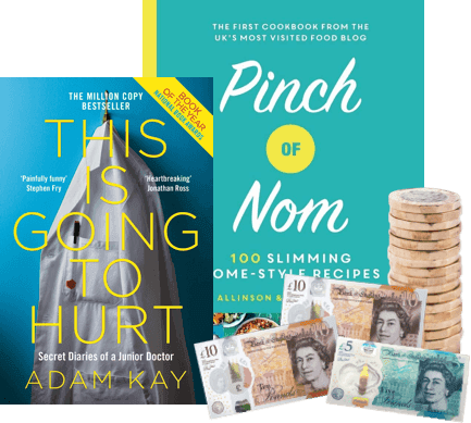 Book covers for This Is Going to Hurt and Pinch of Nom, with UK banknotes and coins for cash offers