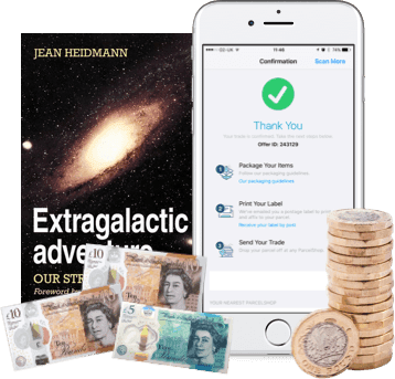 Extragalactic Adventure book with UK banknotes, coins and phone showing WeBuyBooks payment confirmation