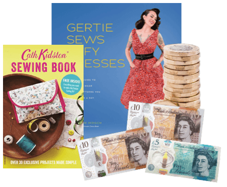 Sewing books by Cath Kidston and Gertie, a stack of coins, and UK banknotes showing cash paid for books