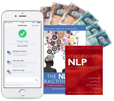 Phone showing order confirmation, UK banknotes, and NLP books including Coaching with NLP and The NLP Practitioner
