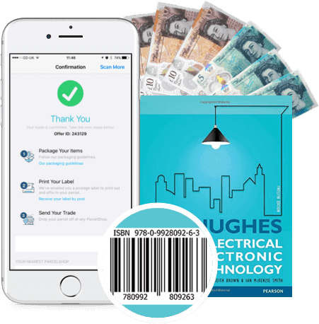 Phone showing trade confirmation, cash, and Hughes Electrical Technology textbook with ISBN barcode for scanning