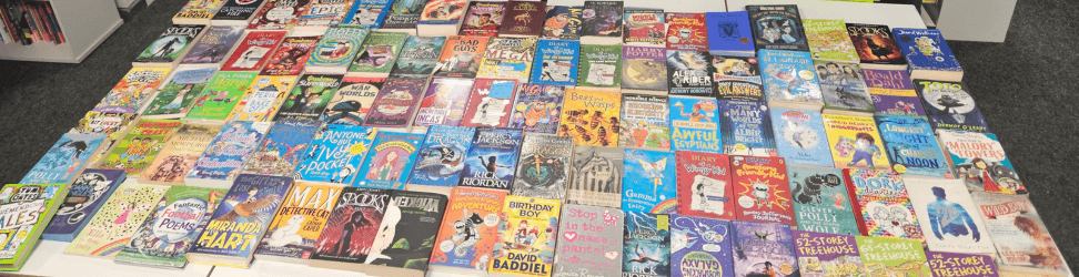 Table full of donated books.png