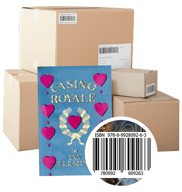 Casino Royale by Ian Fleming with ISBN barcode, ready to sell, in front of stacked parcels