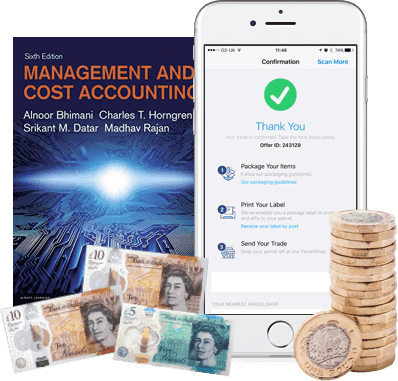 Management and Cost Accounting textbook, smartphone showing trade confirmation, UK banknotes and pound coins