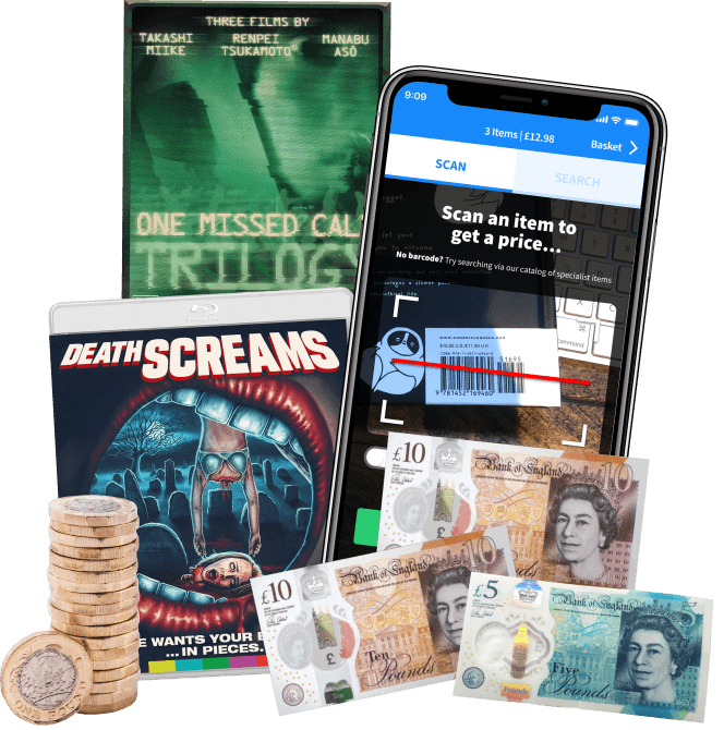 One Missed Call Trilogy and Death Screams DVDs beside a phone scanning app, UK coins and banknotes showing cash for Arrow