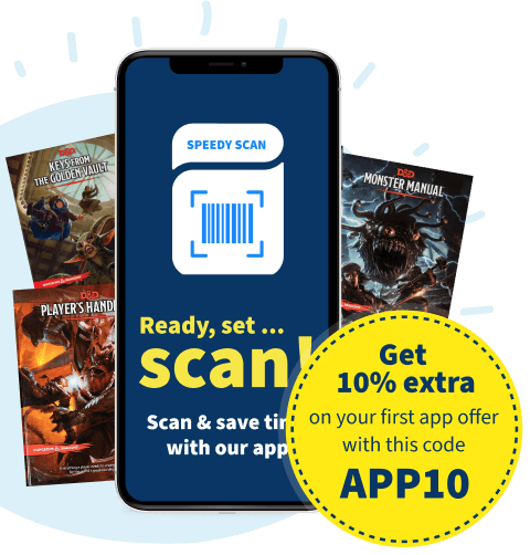 App scan screen with D and D books, code APP10 for 10% extra on your first app offer
