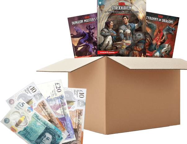 Box of D and D books including Strixhaven and Tyranny of Dragons, with UK cash notes beside it
