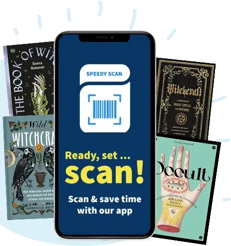 Phone with WeBuyBooks Speedy Scan app beside witchcraft and occult book covers, promoting quick scanning to sell books