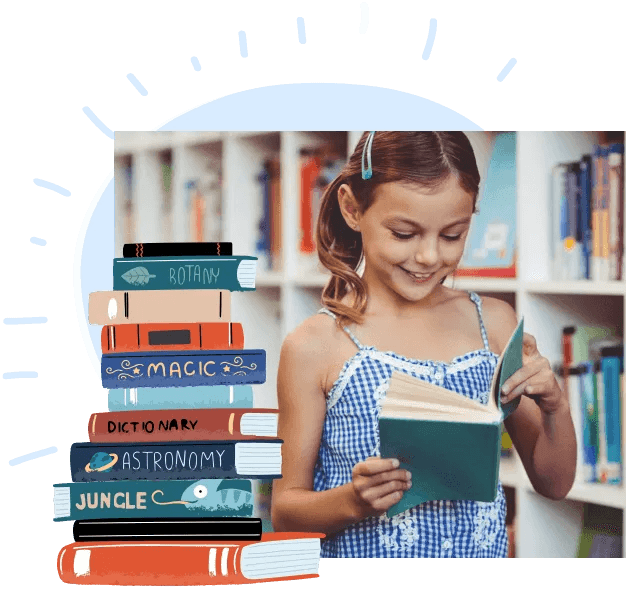 Girl smiling while reading a book, beside a stack of books labelled Botany, Magic, Dictionary, Astronomy and Jungle.