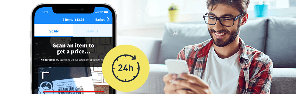 WeBuyBooks app scanning a book barcode with a basket of 3 items worth £12.98, beside a man on his phone and a 24-hour clock icon