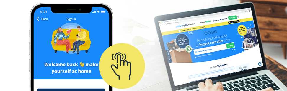 WeBuyBooks app sign-in screen beside the WeBuyBooks instant cash offer valuation page open on a laptop