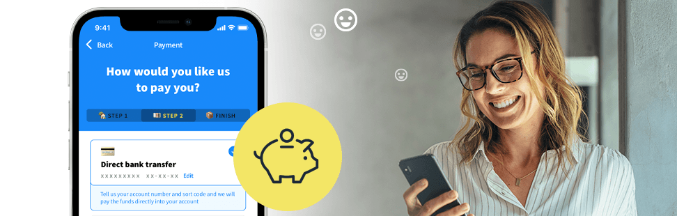 WeBuyBooks app payment screen offering direct bank transfer, beside a woman smiling at her phone and a piggy bank icon