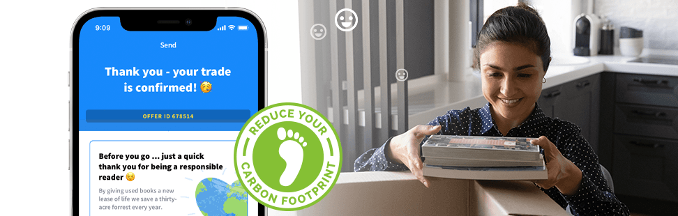 WeBuyBooks app confirming a completed trade, beside a woman packing books into a box and a 'reduce your carbon footprint' badge