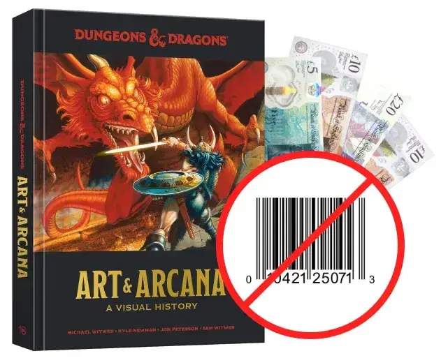 Dungeons and Dragons Art and Arcana book with UK banknotes and a crossed-out barcode, showing no barcode needed to sell